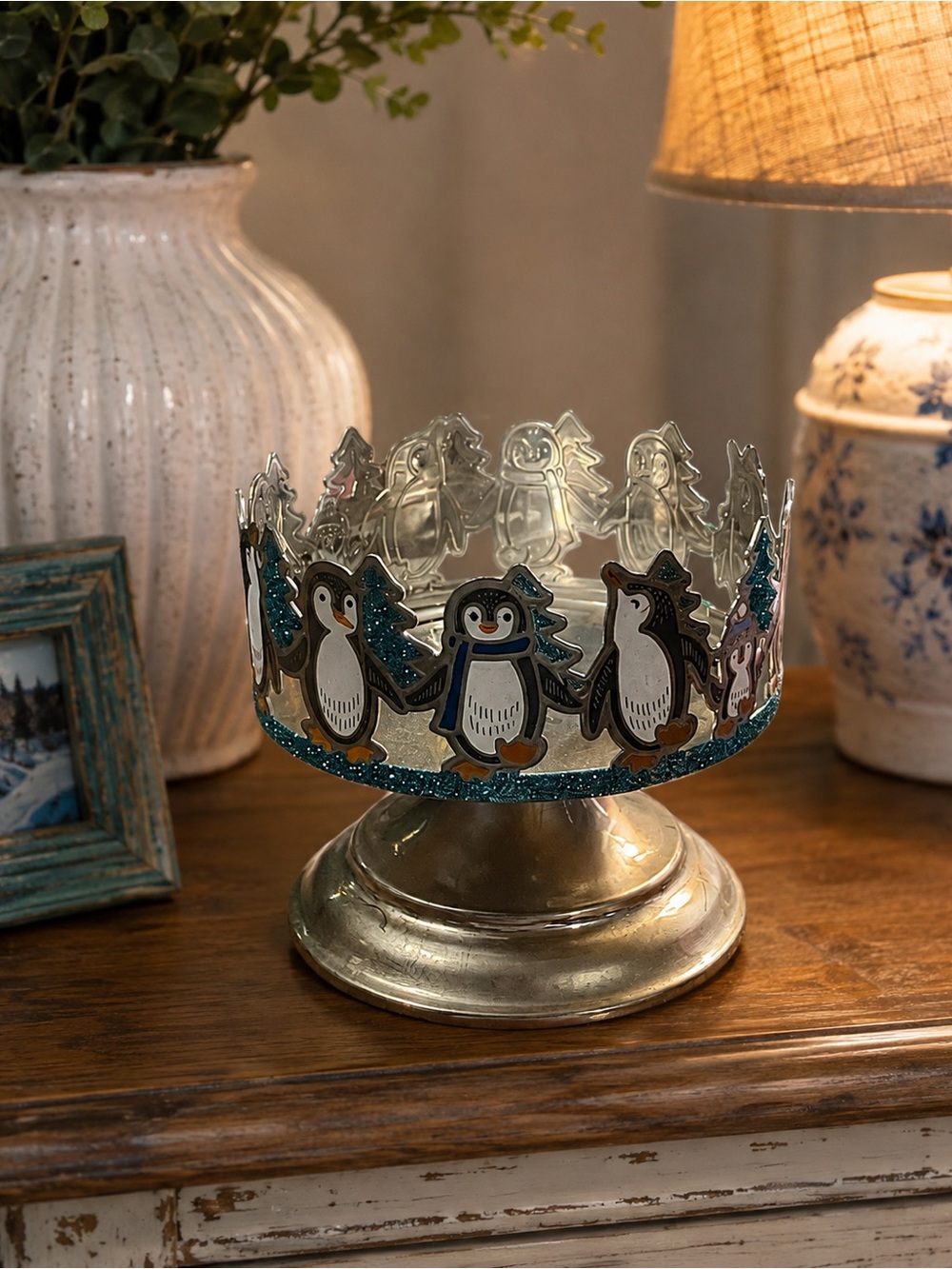 Bath & Body Works Dancing Penguins 3 Wick Candle Holder Pedestal Silver Tone